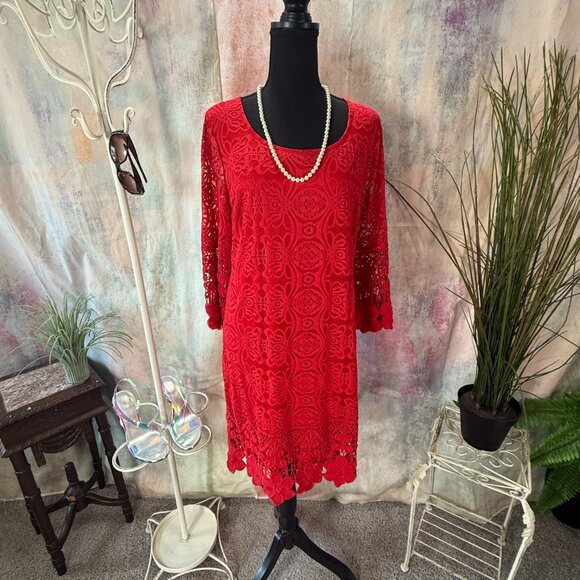 NEW 📌Alfani Hot Red Boho Lace Crochet Mini A-Line Dress - Picture 1 of 15